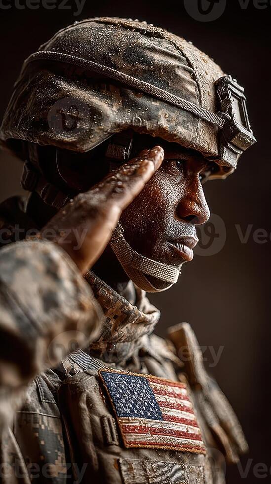 Soldier in uniform salutes with pride during a somber ceremony, showcasing dedication and honor in a solemn setting photo