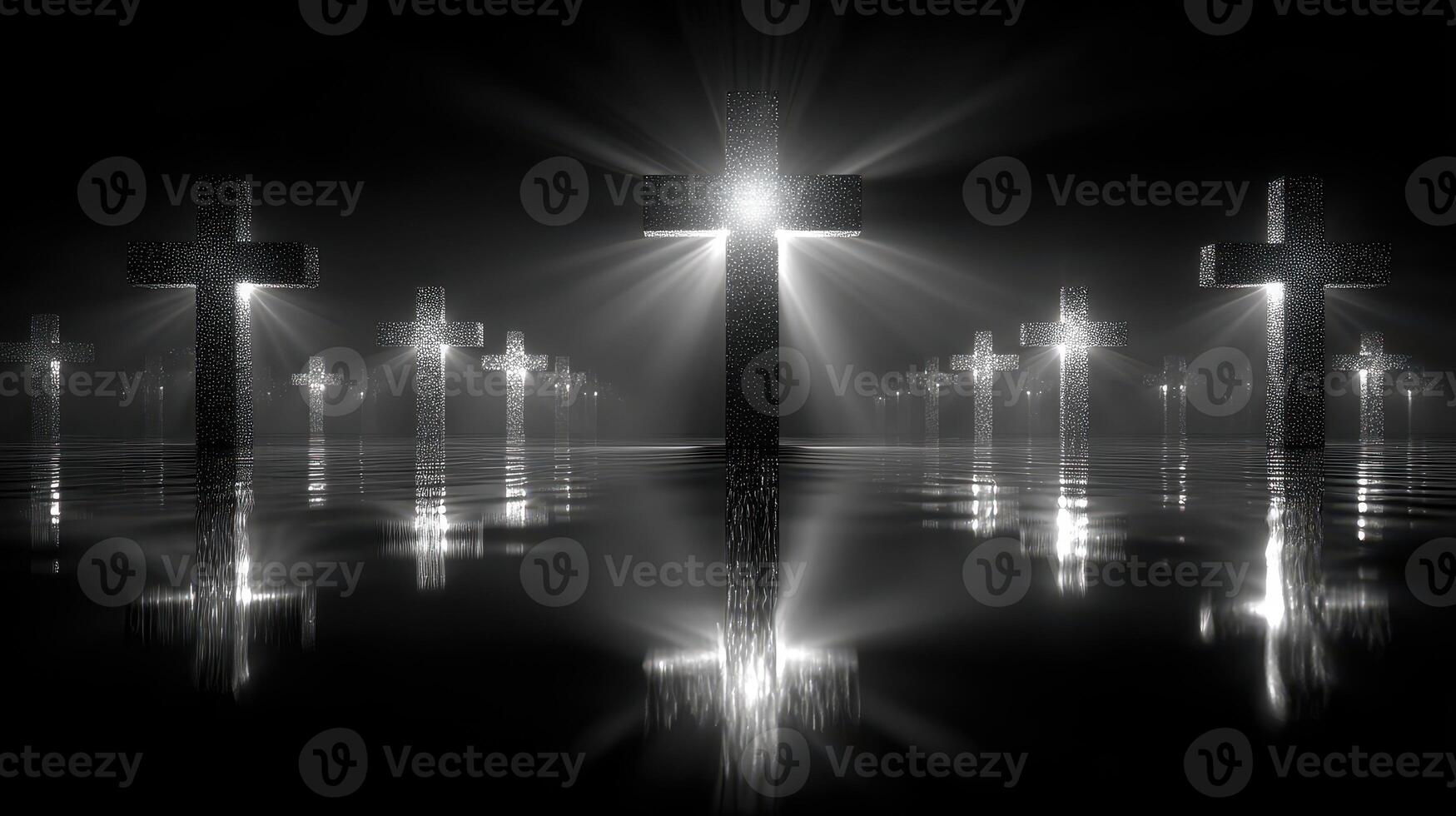 Religious symbolism with glowing crosses reflected in water at night creating a serene atmosphere photo