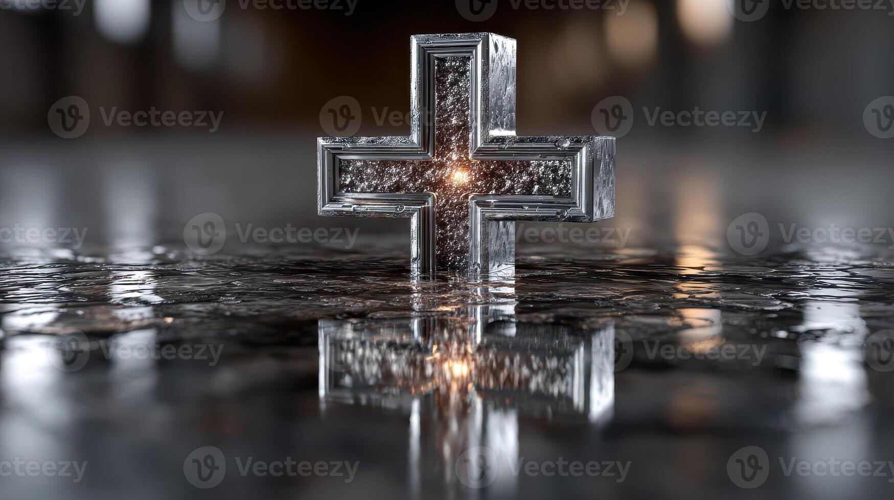 Reflective metal cross on wet surface in artistic composition with background lighting photo