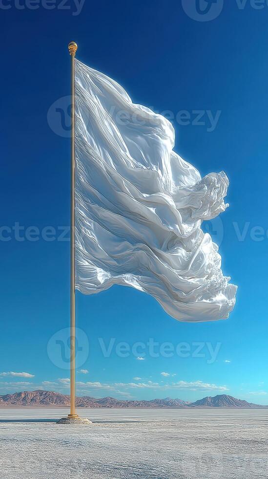 Large white fabric flag billowing in the wind against a clear blue sky in a desert landscape photo