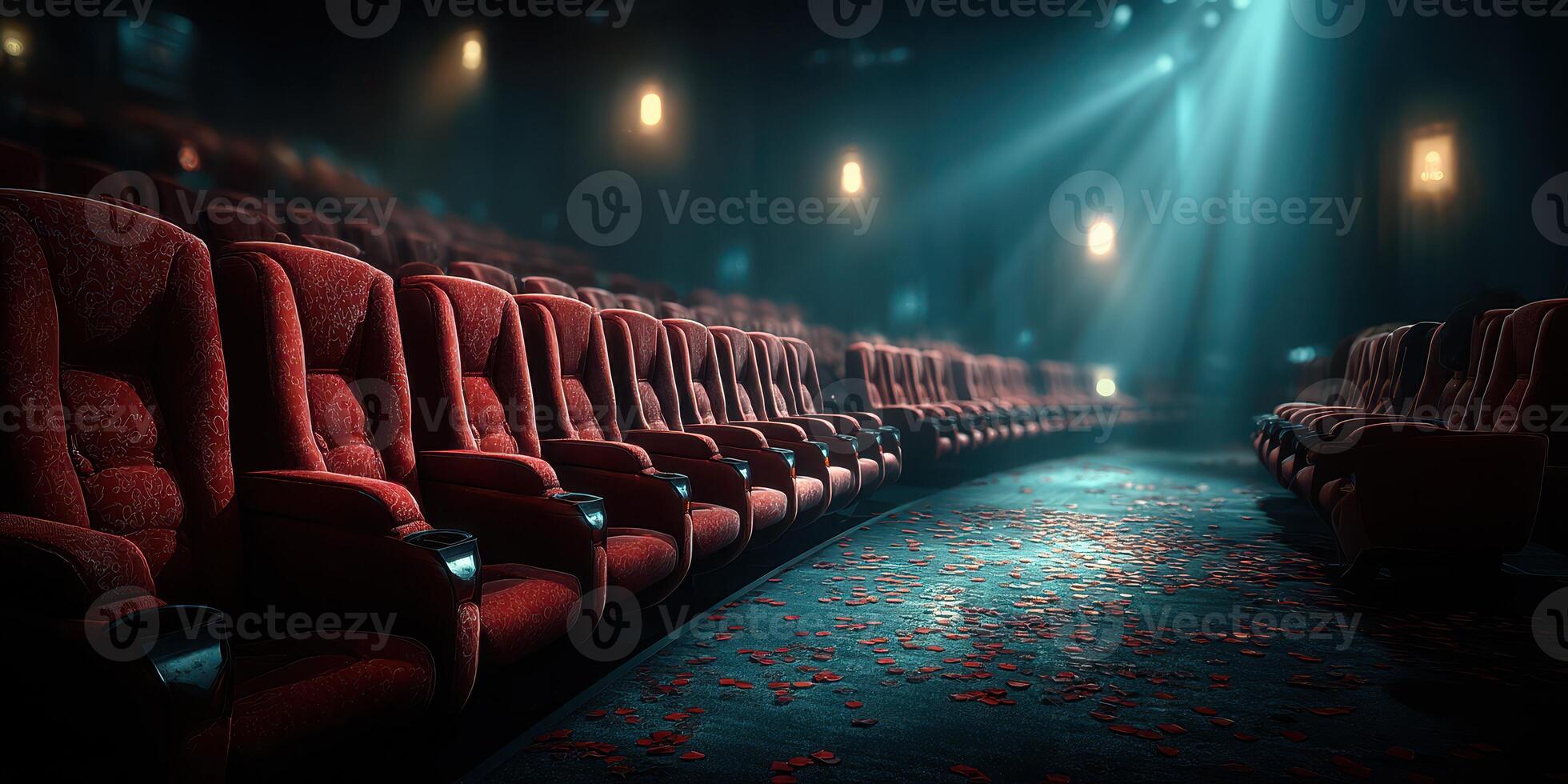 Empty vintage theater seats create a nostalgic atmosphere in an old cinema during a quiet evening photo