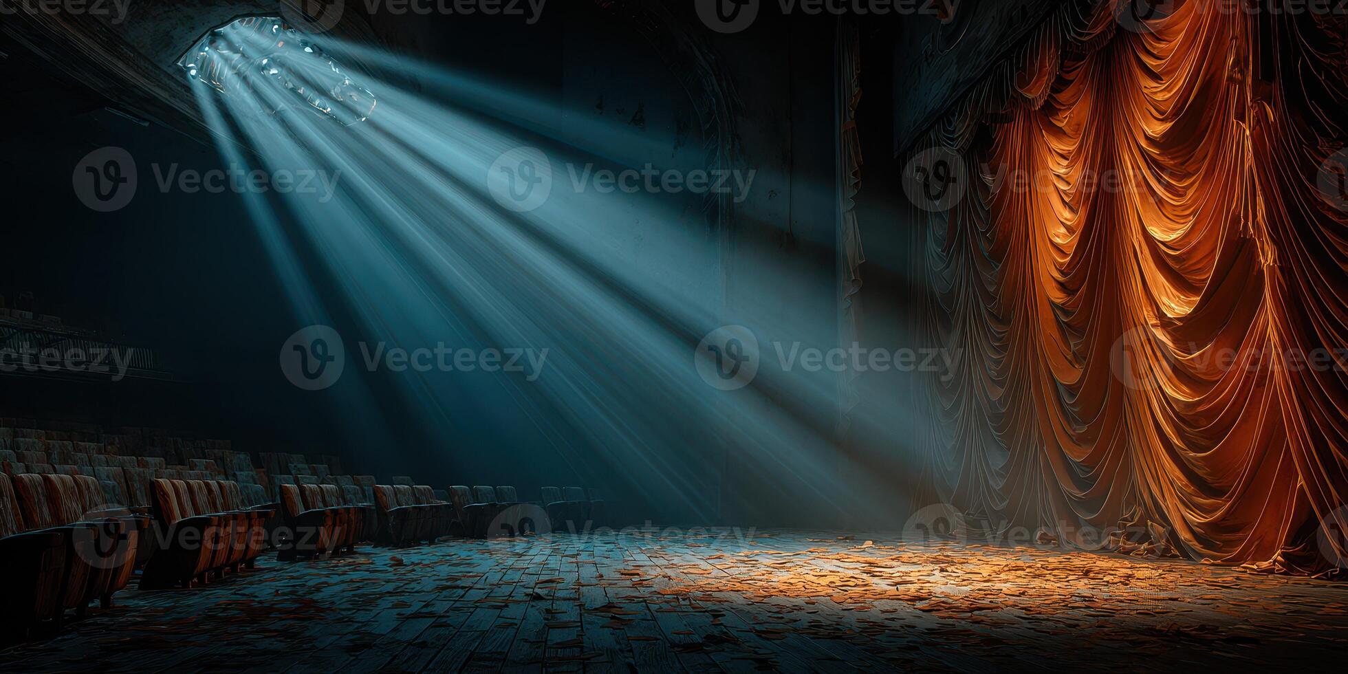 Abandoned theater with dramatic lighting and worn velvet curtains creates an eerie atmosphere in a forgotten space photo