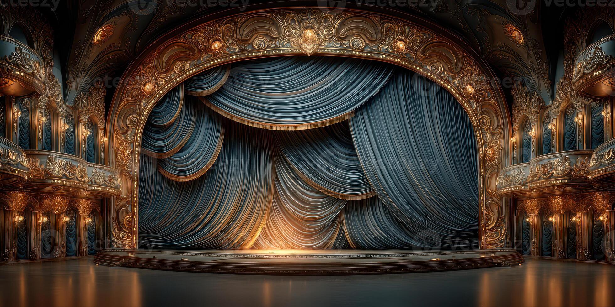 Elegant theater stage with rich blue curtains and ornate golden details illuminated by soft lighting photo