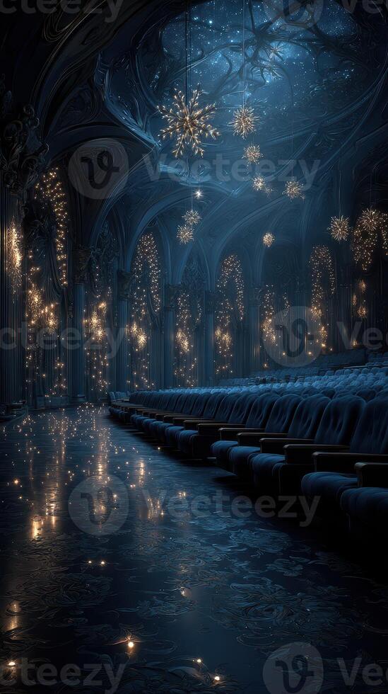 Elegant theater interior with starry ceiling and shimmering lights creating a magical atmosphere during evening hours photo