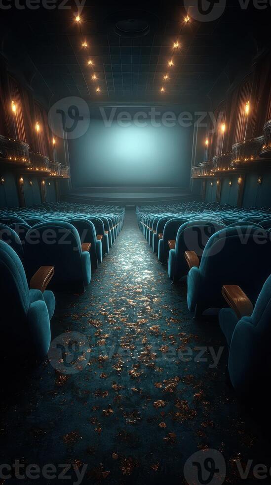 Abandoned theater interior with velvet seats, dim lighting, and a large screen waiting for the next show photo