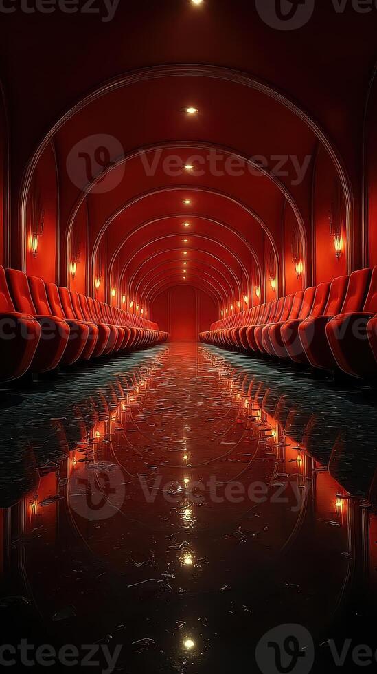 Elegant red corridor with reflective floors and stylish seating at an event venue in the evening photo