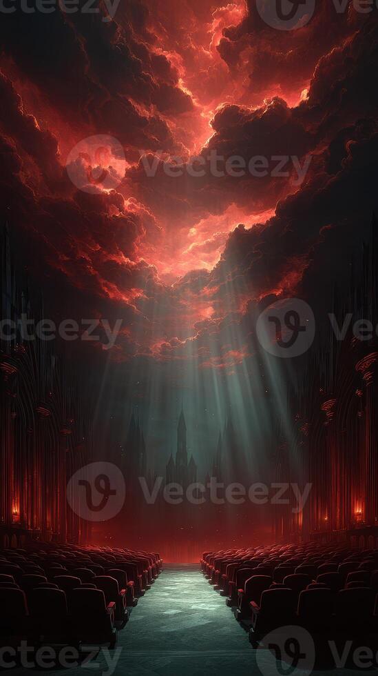 Dramatic red sky illuminates a shadowy landscape with towering structures and empty theater seats in the foreground photo