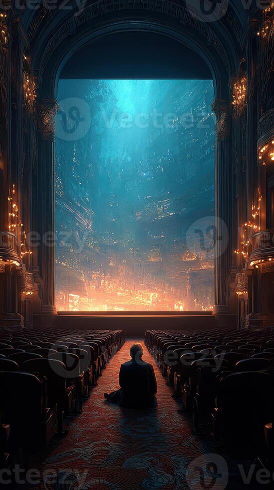Dark theater with a lone figure illuminated by a surreal cityscape backdrop during a captivating performance at dusk photo