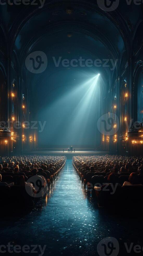 Elegant theater interior with dramatic lighting and captivated audience during a captivating performance at night photo