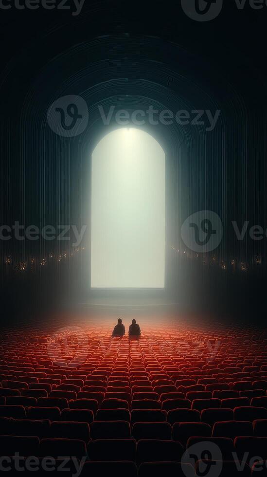 Two figures sit quietly in an empty theater, observing an illuminated stage during a serene moment photo