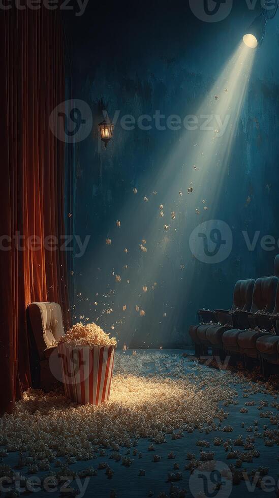 Old cinema with scattered popcorn and a spotlight illuminating the vacant seats photo