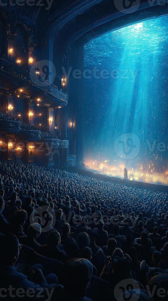 Crowd watches mesmerizing performance in a grand theater illuminated by underwater light at night photo