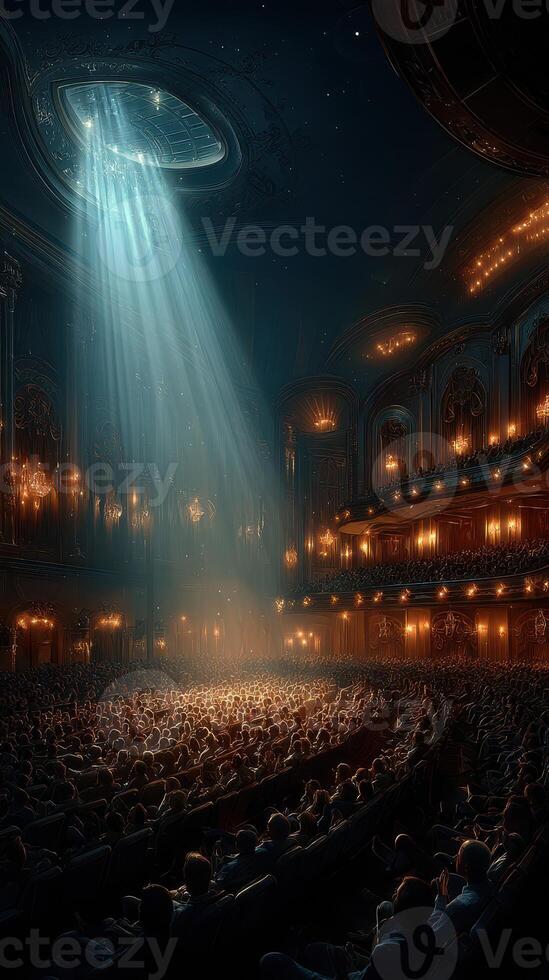Dramatic lighting illuminates an audience in an ornate theater during a captivating performance at night photo