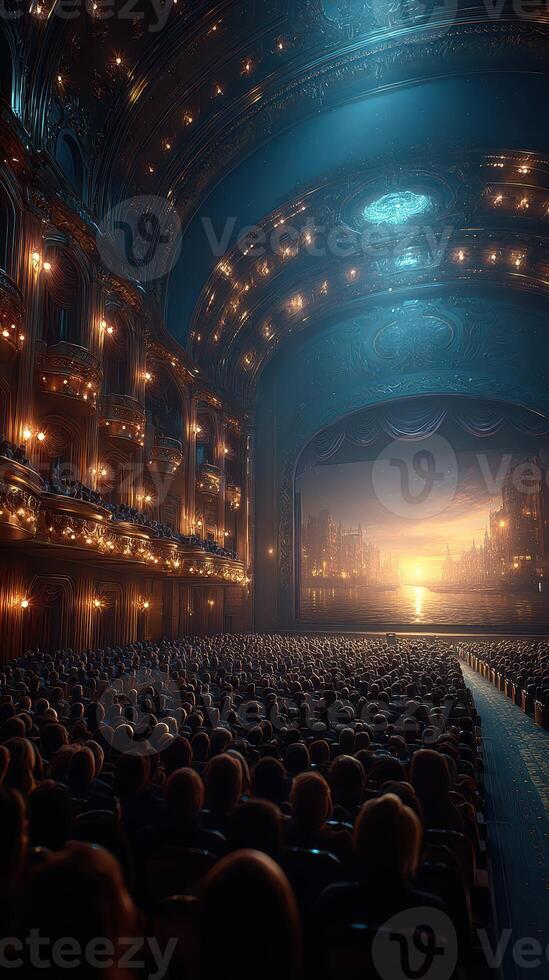 Crowd gathers in ornate theater to witness a mesmerizing sunset performance with stunning architectural details photo