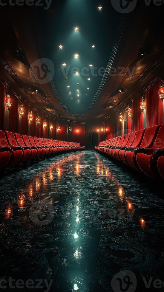 Elegant theater interior with red seats and glittering lights reflecting on polished floor in a dimly lit ambiance photo