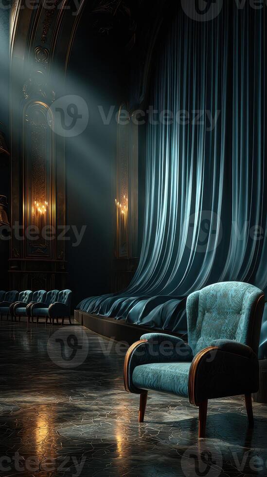 Elegant blue velvet chair in an ornate theater with dramatic lighting and rich curtains at dusk photo