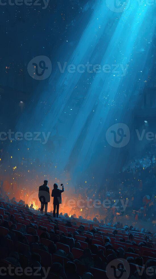 Two figures standing on stage with audience in dark theater illuminated by blue light and warm glow photo