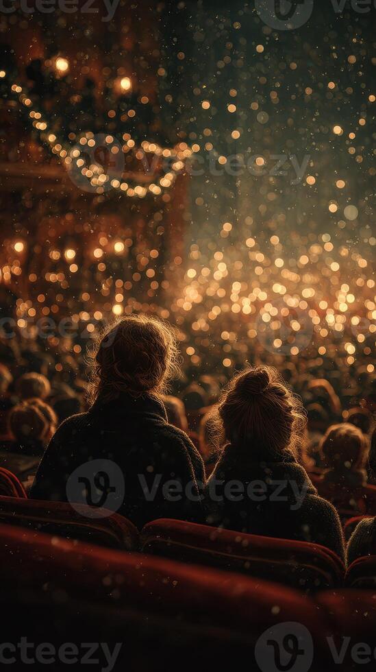 Audience enjoys festive performance with sparkling lights at indoor theater during evening hours photo