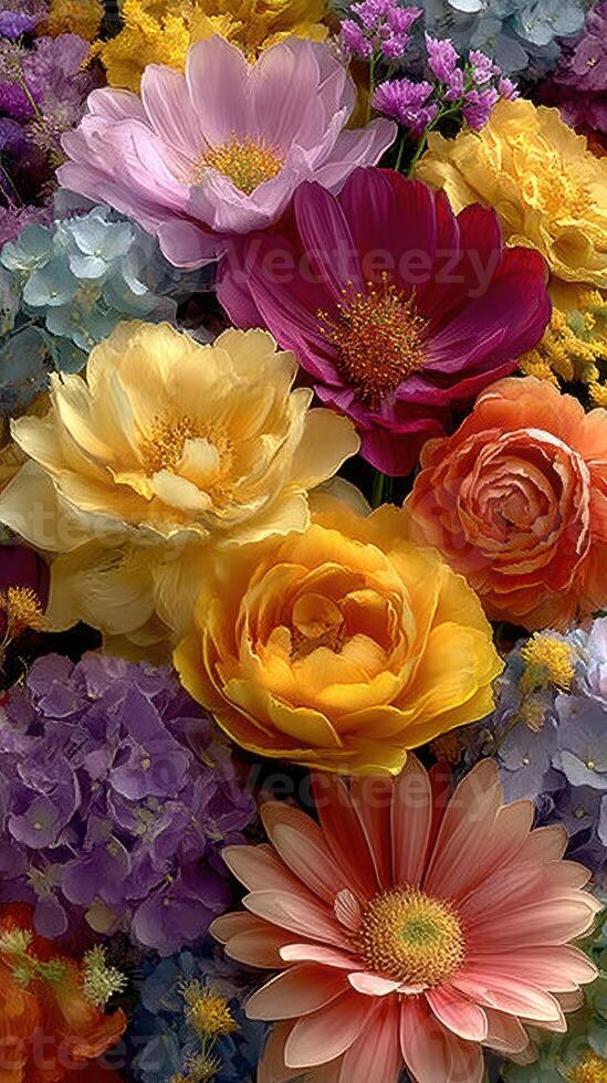 Vibrant bouquet of colorful flowers showcasing various species and hues in a picturesque garden setting photo