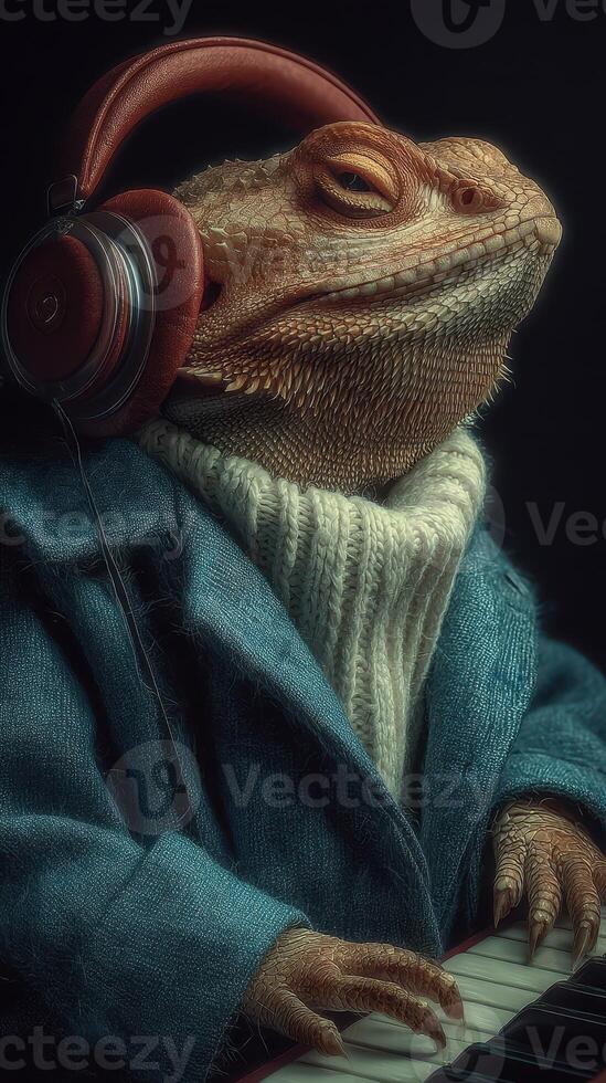 Bearded dragon plays piano while wearing headphones and a stylish coat in a creative indoor setting photo