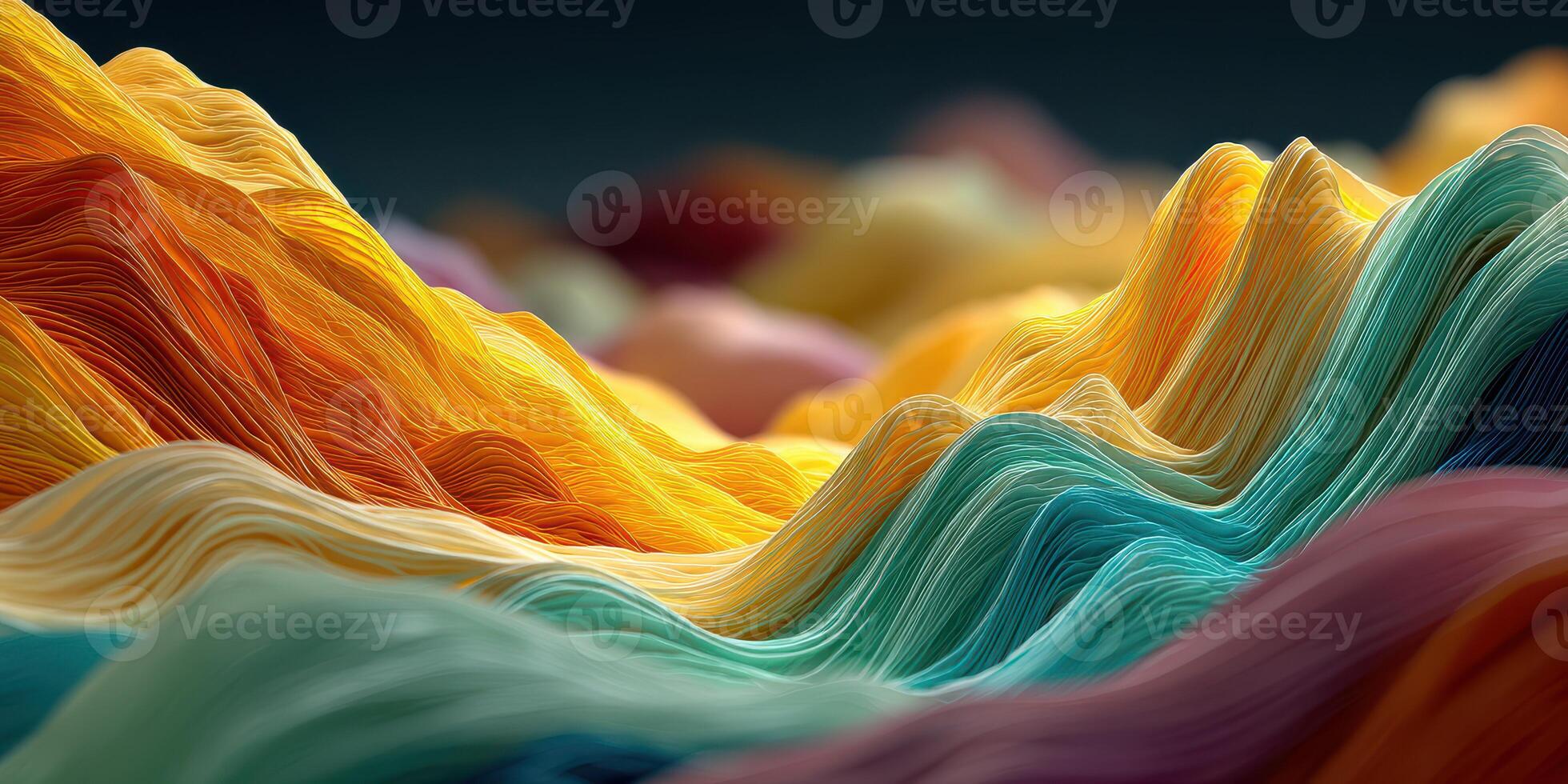 Abstract landscape of flowing waves in vibrant colors with swirling patterns resembling mountains at sunset photo