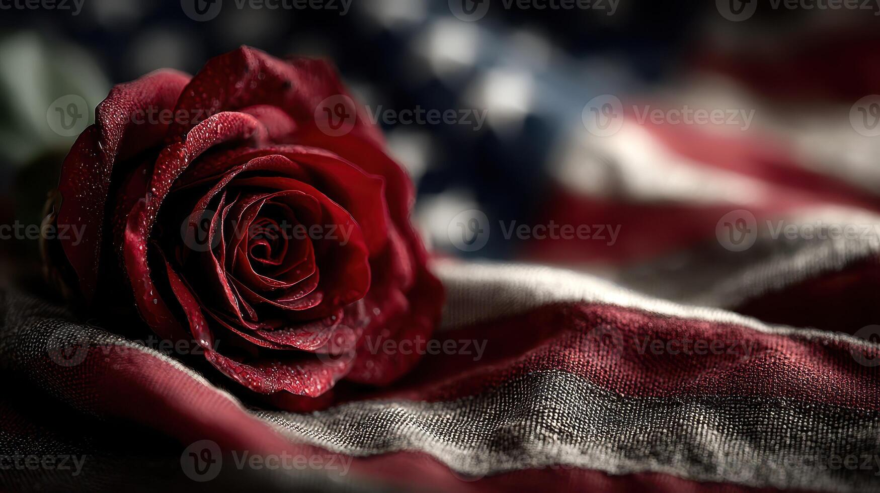 Red rose resting on American flag symbolizing patriotism and remembrance during a solemn occasion photo