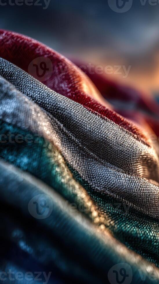 Textured fabric waves catch sunlight at dusk showcasing vibrant colors and intricate details in a serene setting photo