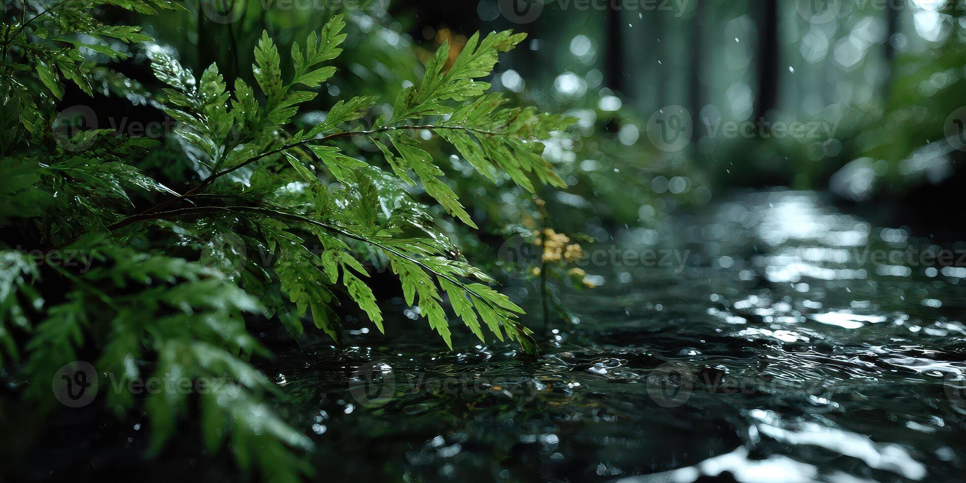 Lush greenery along a gentle stream in a serene forest setting during a rainy day photo