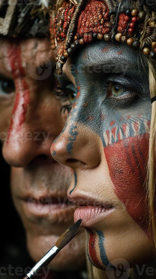 Traditional face painting in an Indigenous ceremony showcasing cultural significance around artistic expression and community bonding photo