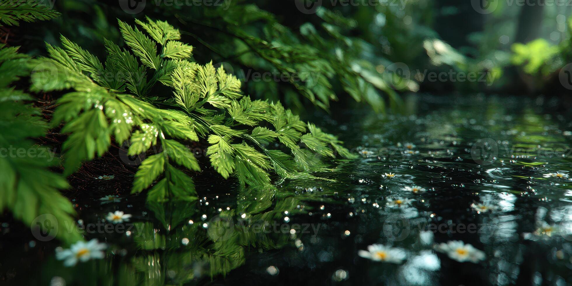 Raindrops create ripples on a tranquil pond surrounded by lush greenery and delicate flowers photo