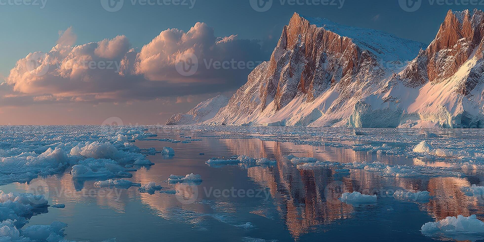 Stunning sunset over icy mountain range reflected in calm Arctic waters captured in twilight hours photo