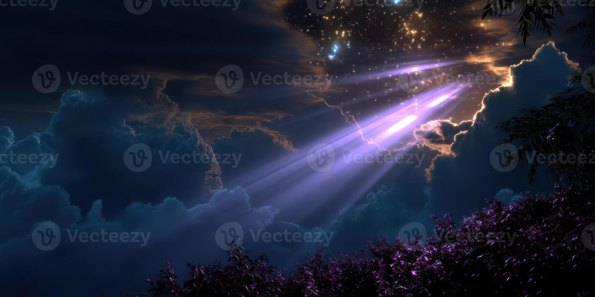Mystical night sky with purple light beams shining through dark clouds over a serene landscape photo