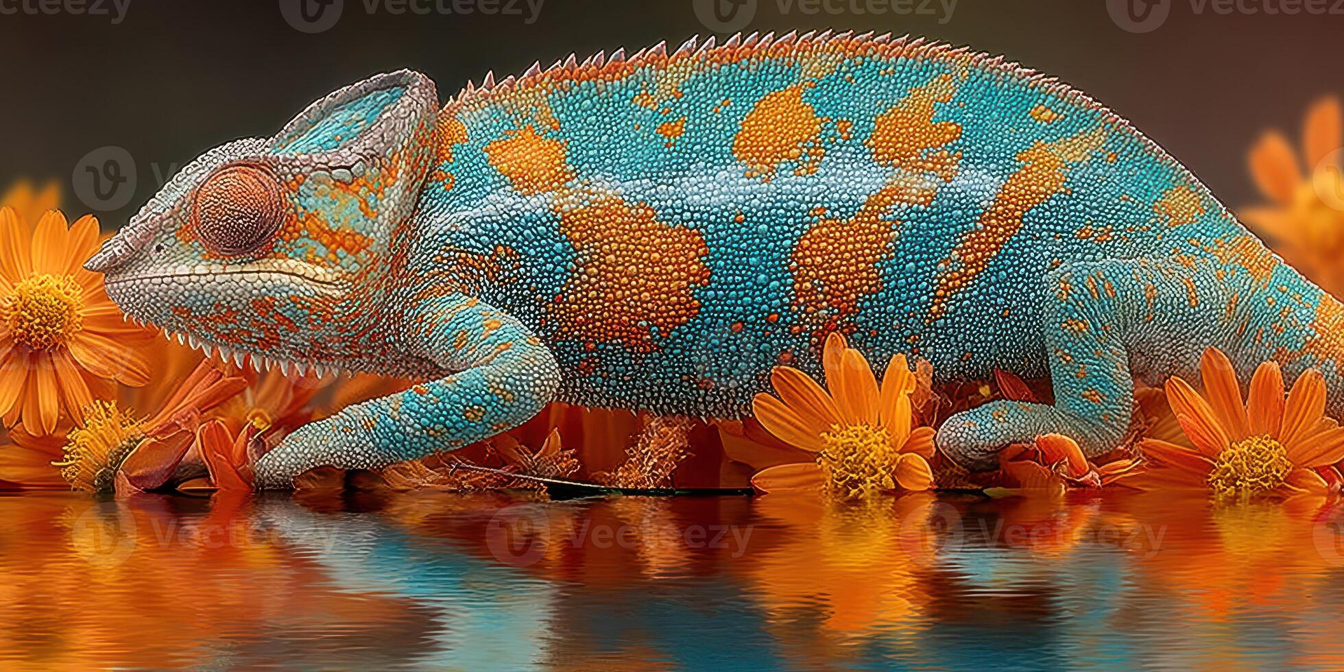 Colorful chameleon resting among vibrant flowers near a calm pond during a sunny afternoon in a tropical setting photo