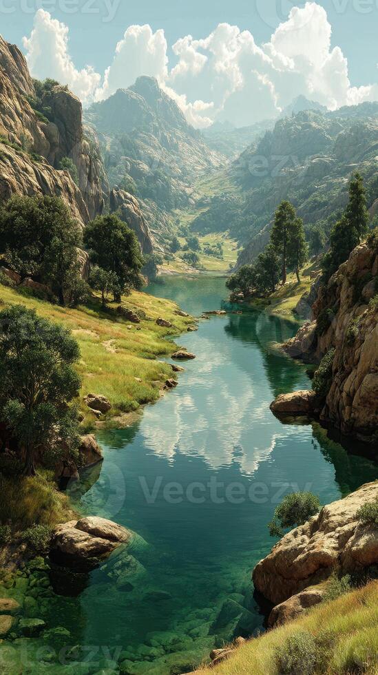 Scenic river winds through lush valley surrounded by majestic mountains under a clear sky photo