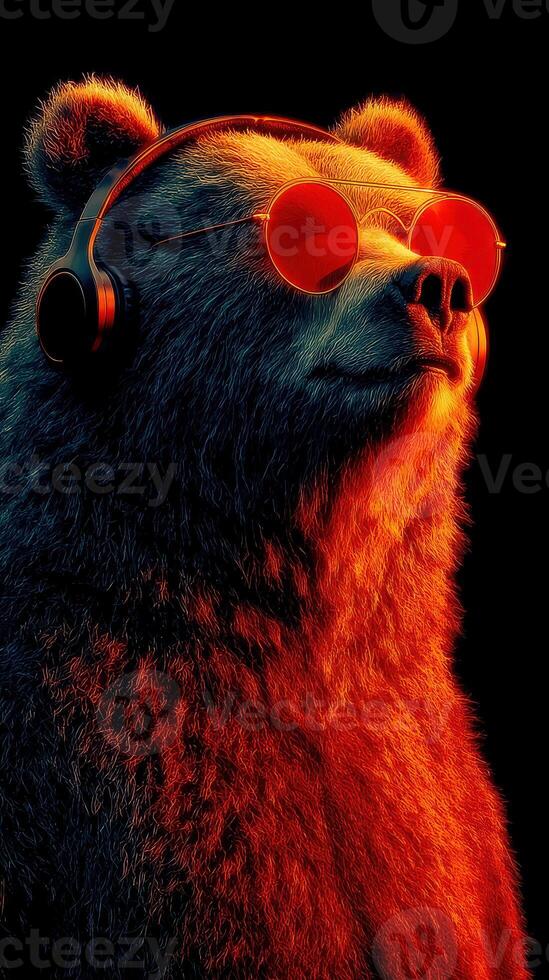 Cool bear wearing headphones and sunglasses, exuding a relaxed vibe in vibrant colors photo