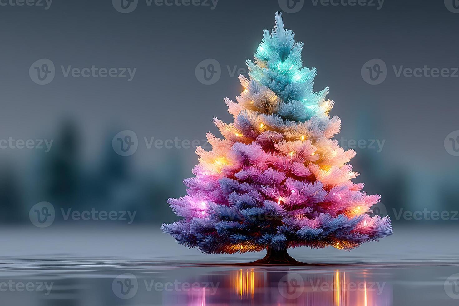 Colorful illuminated Christmas tree reflecting on water in a serene setting during the evening hours photo