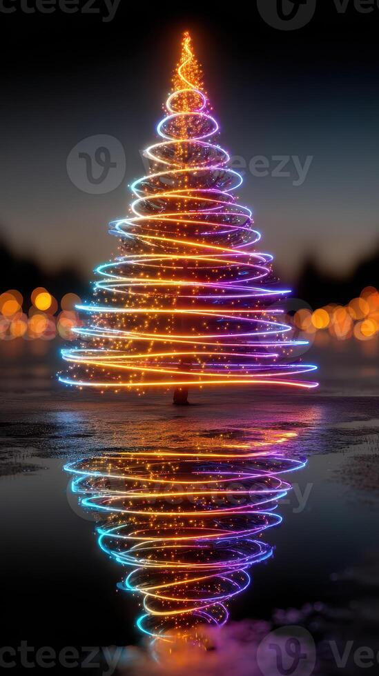 Colorful illuminated Christmas tree with vibrant lights reflecting on water at dusk photo