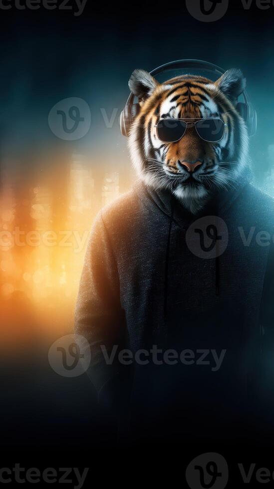 Cool tiger with sunglasses and headphones stands confidently in a dark urban setting with colorful lights at night photo