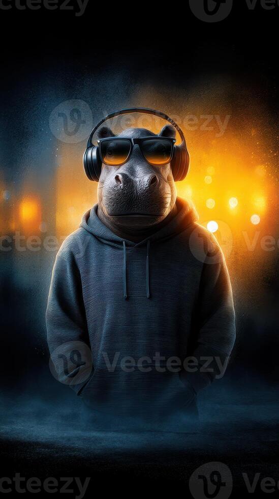 Hippo wearing headphones and sunglasses in a cool urban environment at night with glowing lights in the background photo