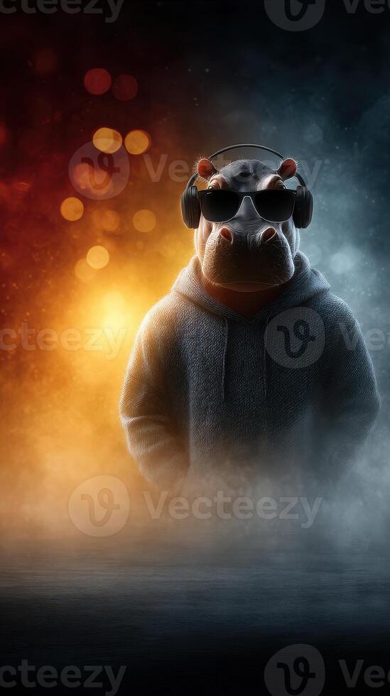 Hippo wearing headphones in urban setting with colorful lights and fog during nighttime photo