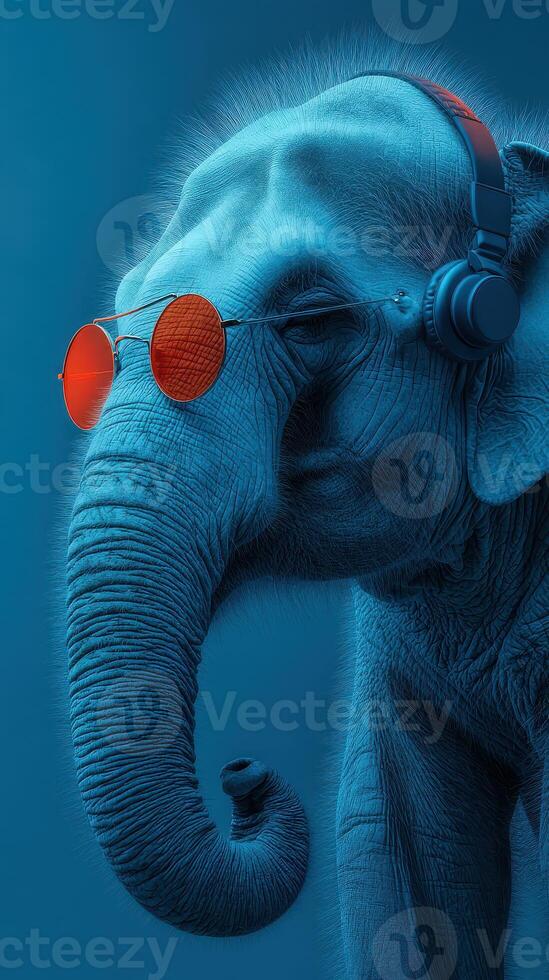 Elephant wearing headphones and sunglasses in vibrant blue setting while showcasing unique artistic expression photo
