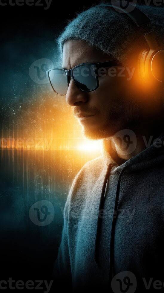 Young man wearing headphones listens to music with vibrant sound waves in the background during a cool nighttime setting photo