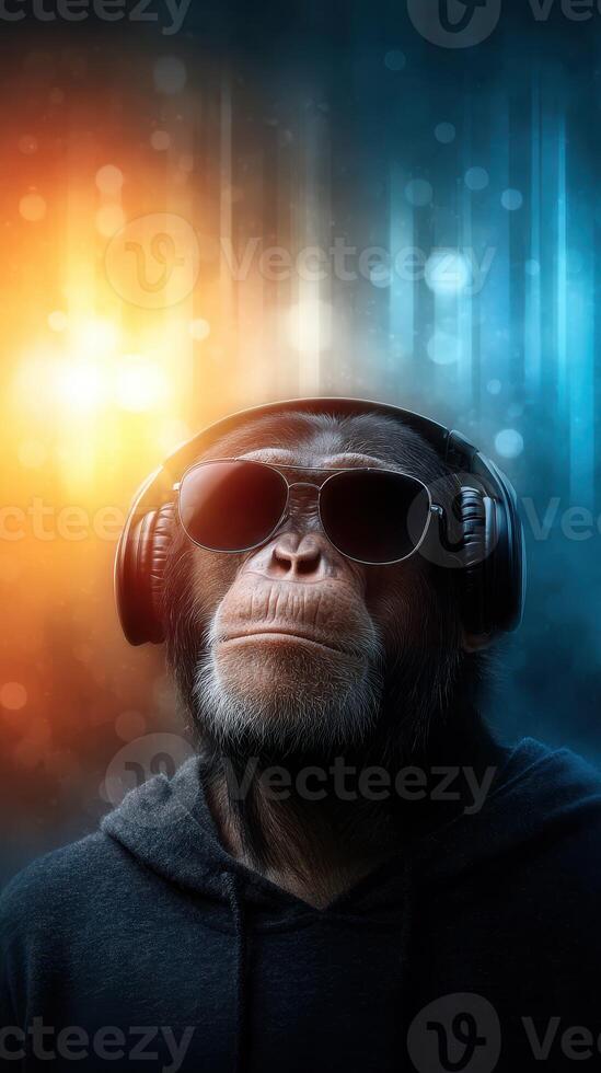 Monkey wearing sunglasses and headphones while enjoying vibrant music in a colorful backdrop photo