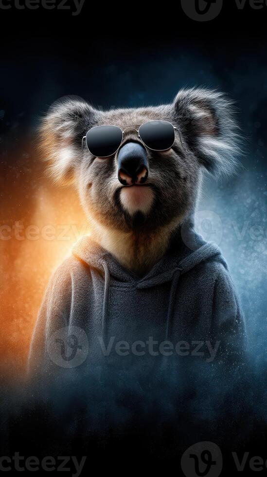 Koala wearing sunglasses poses confidently in a stylish hoodie with a colorful background photo