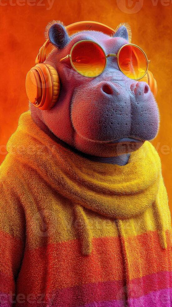 Hippo wearing stylish headphones and colorful sweater in a vibrant background photo