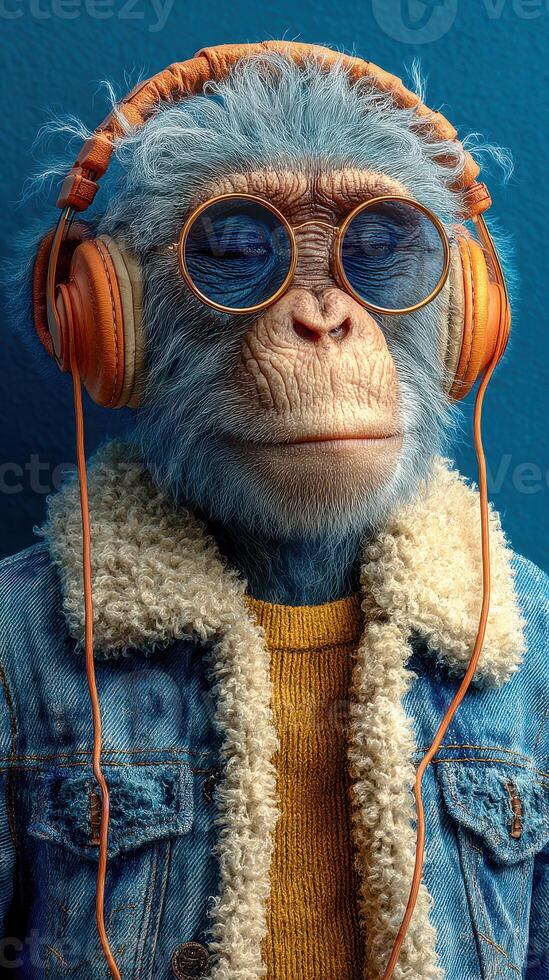 Creative monkey wearing glasses and headphones in a stylish outfit against a blue background photo