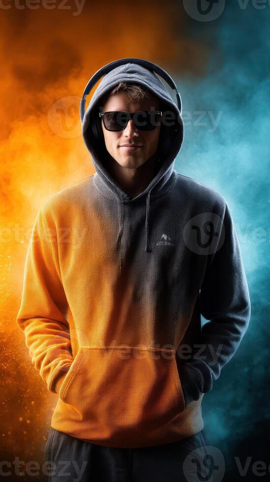 Stylish individual in a hoodie and sunglasses stands confidently against a vibrant, colorful background photo