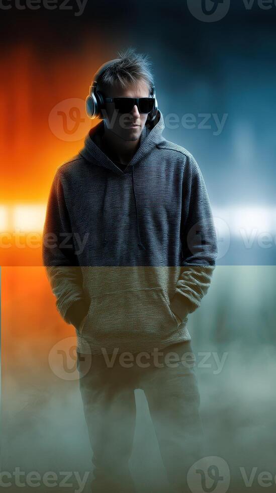 Young man wearing headphones stands confidently against a vibrant colored background during a modern music event photo