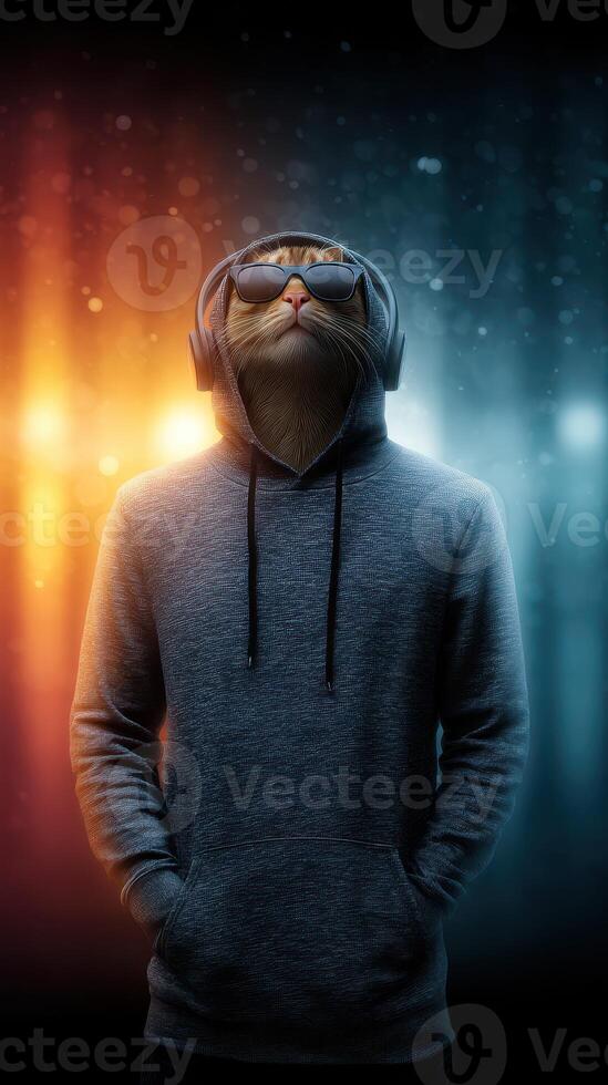 Cat wearing sunglasses and headphones stands confidently in a vibrant, colorful atmosphere with glowing lights photo