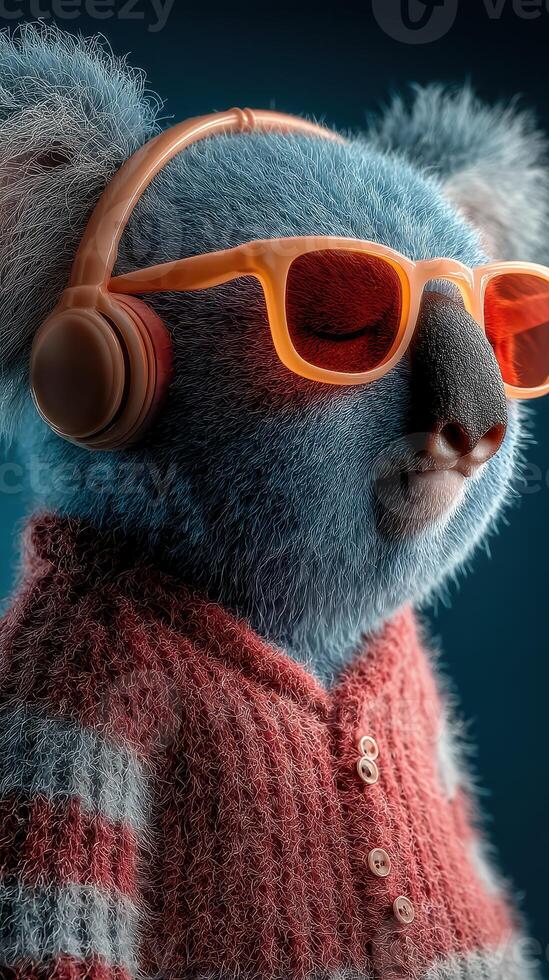 Koala wearing headphones and sunglasses enjoys a relaxed moment indoors in a vibrant, playful setting photo